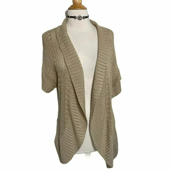 Dress Barn 1X Tan short sleeve open knit cardigan - Picture 2 of 6